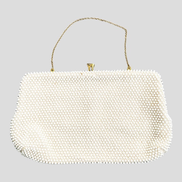 Corde Bead Purse Evening Bag Beaded Ivory Off White Gold Clasp Hand Strap OS - Picture 7 of 7